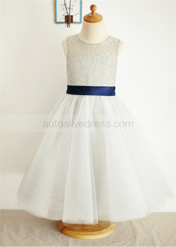 Silver Gray Lace Tulle keyhole Back Knee Length Flower Girl Dress 